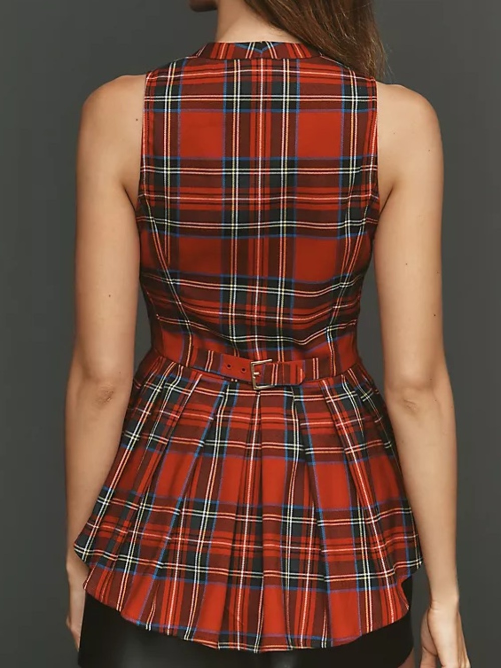 Anthropologie Maeve Viki Waisted Sleeveless ZipFront Red Plaid Peplum Top Celtic - Picture 10 of 11